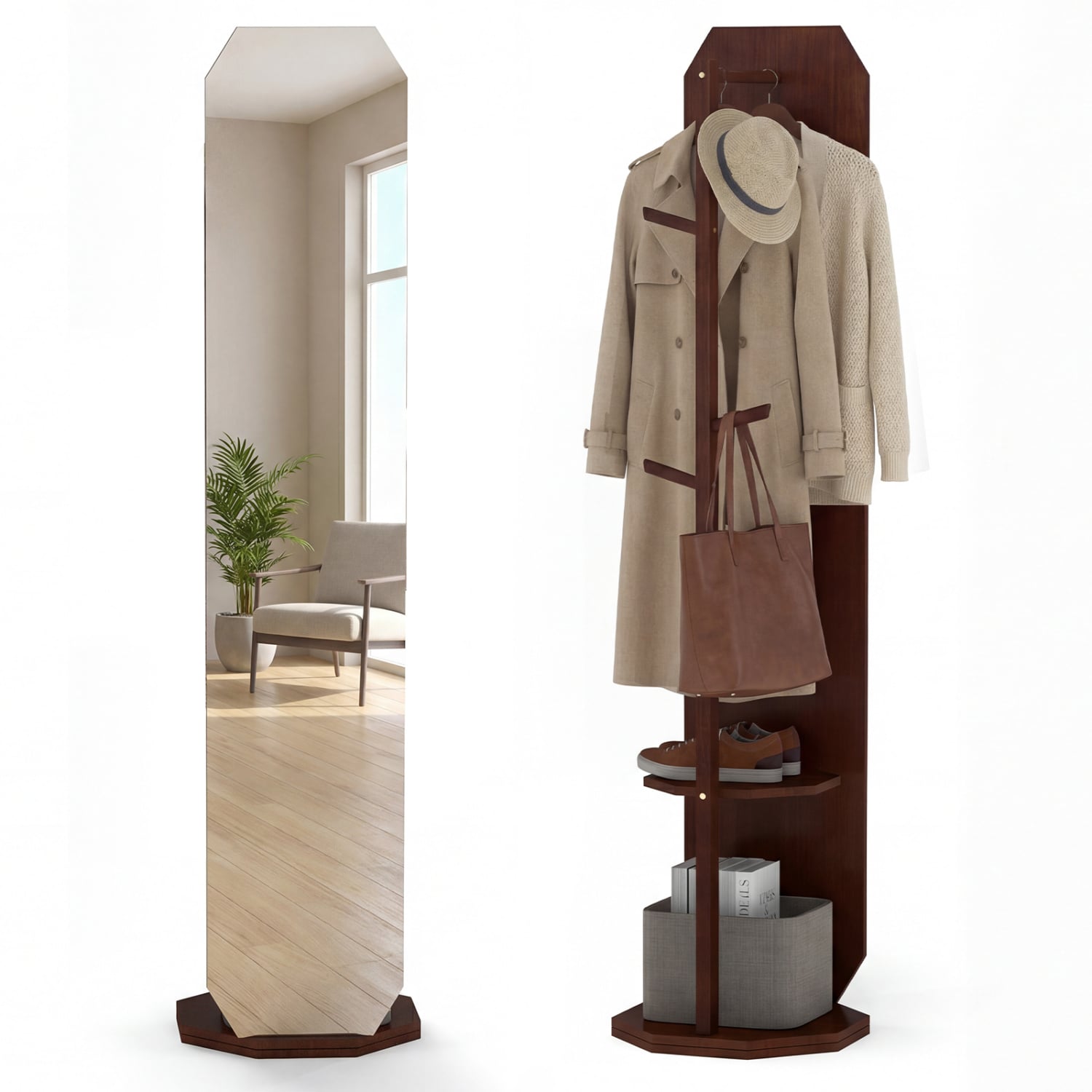 Full Length Mirror Coat Rack, Clothes Hanger, Walnut Coat Racks & Hall Trees Walnut at Gallery Canada