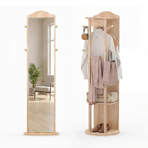 Full Length Mirror Coat Rack, Storage Shelves, Hooks, Natural