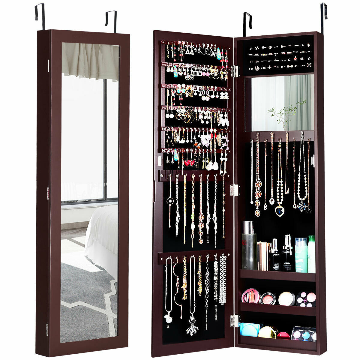 Full Length Mirror Jewelry Cabinet, Ring Slots, Necklace Hooks, Dark Brown Jewelry Armoires Dark Brown at Gallery Canada