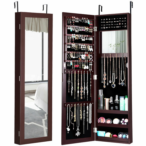 Full Length Mirror Jewelry Cabinet, Ring Slots, Necklace Hooks, Dark Brown