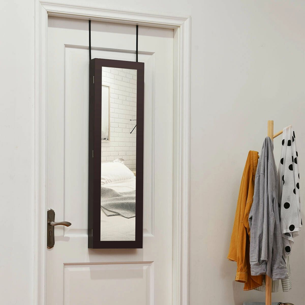 Full Length Mirror Jewelry Cabinet with Ring Slots and Necklace Hooks, Dark Brown Jewelry Armoires at Gallery Canada