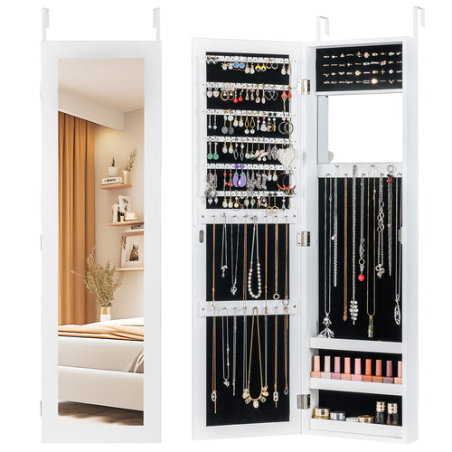 Full Length Mirror Jewelry Cabinet With Ring Slots And Necklace Hooks, White