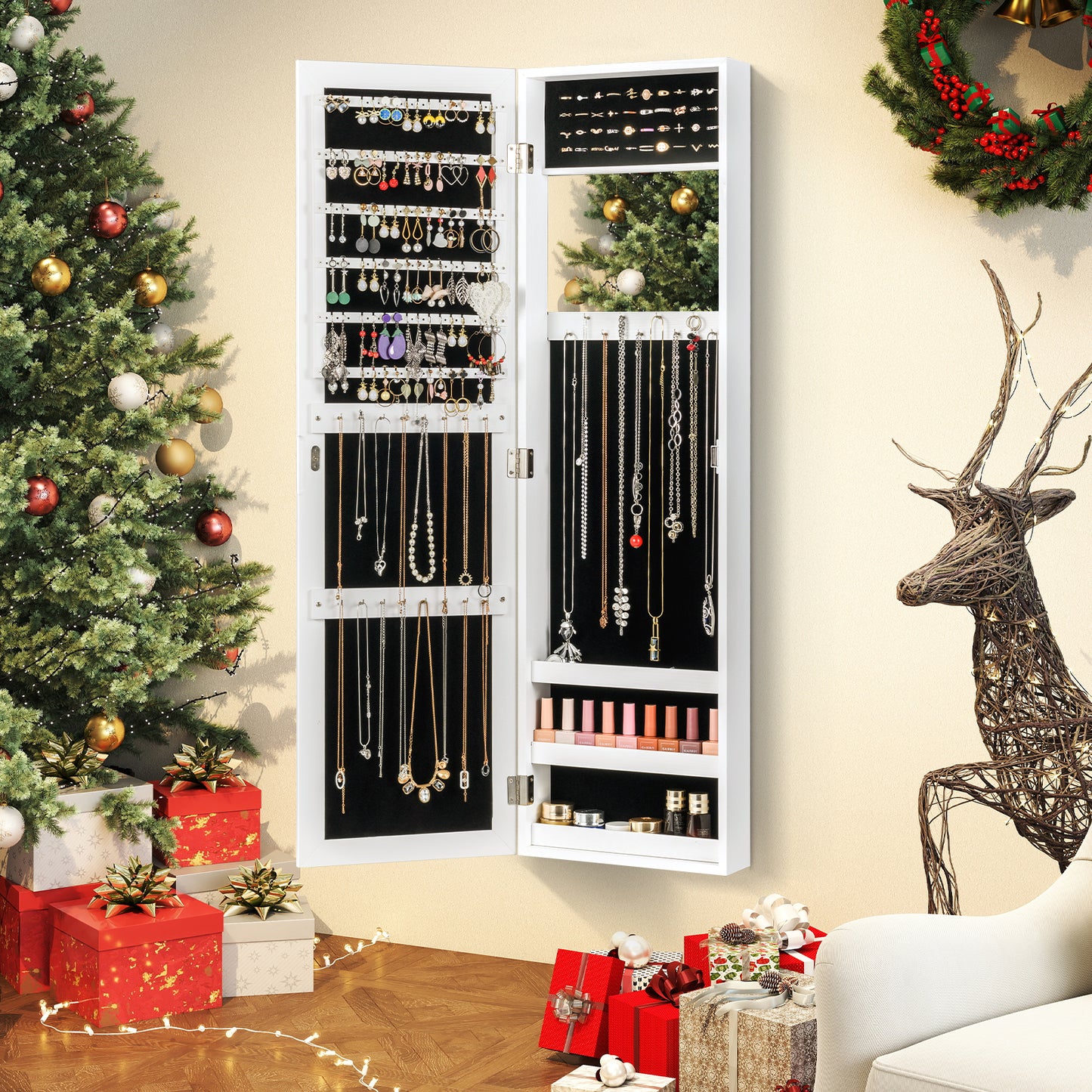 Full Length Mirror Jewelry Cabinet with Ring Slots and Necklace Hooks, White Jewelry Armoires at Gallery Canada