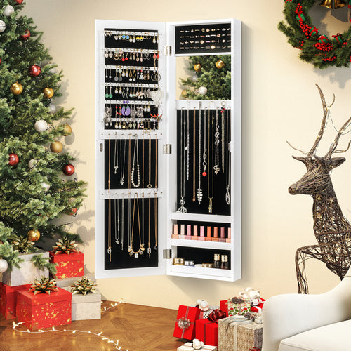 Full Length Mirror Jewelry Cabinet with Ring Slots and Necklace Hooks, White