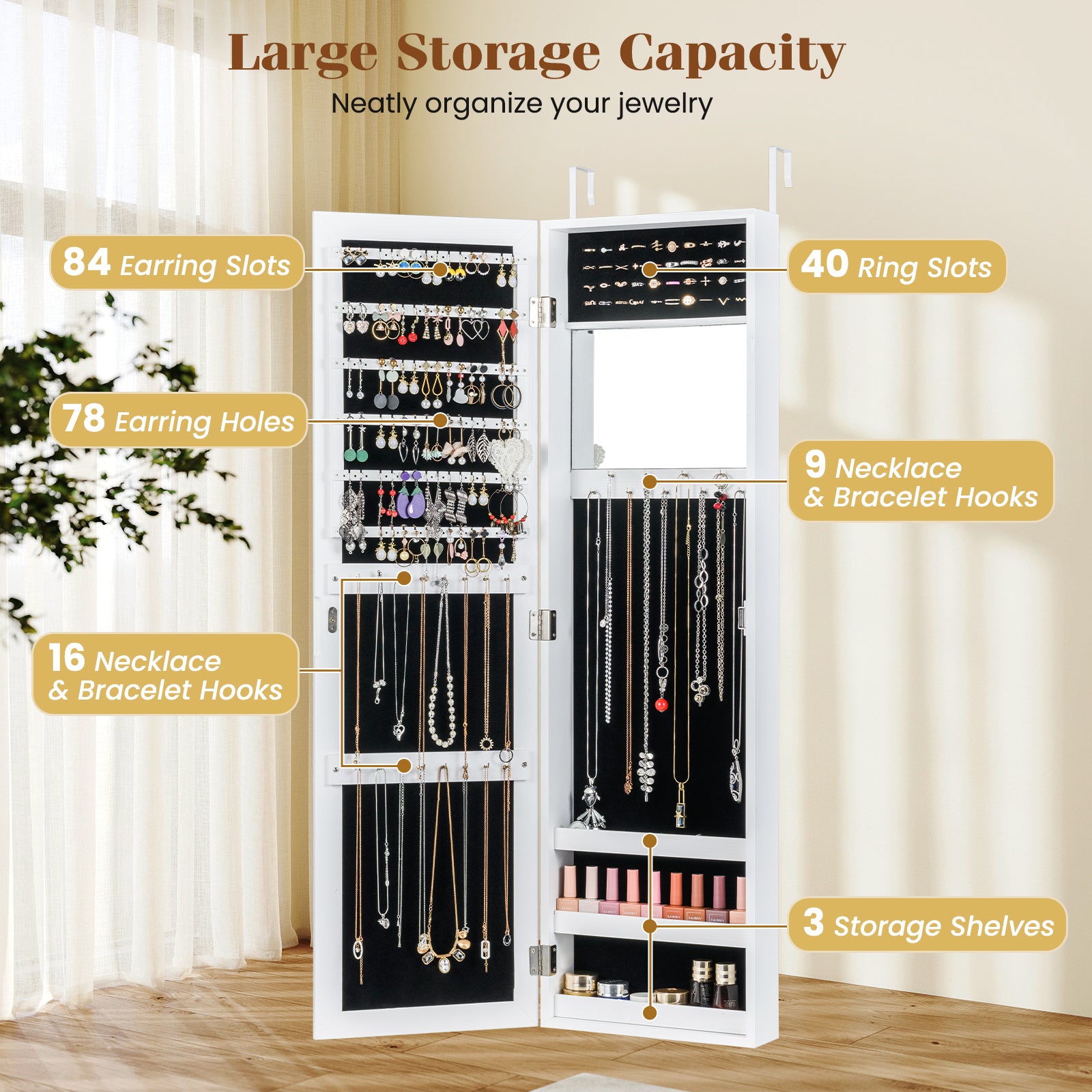 Full Length Mirror Jewelry Cabinet with Ring Slots and Necklace Hooks, White Jewelry Armoires at Gallery Canada