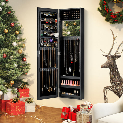 Full Length Mirror Jewelry Cabinet with Ring Slots and Necklace Hooks, Black