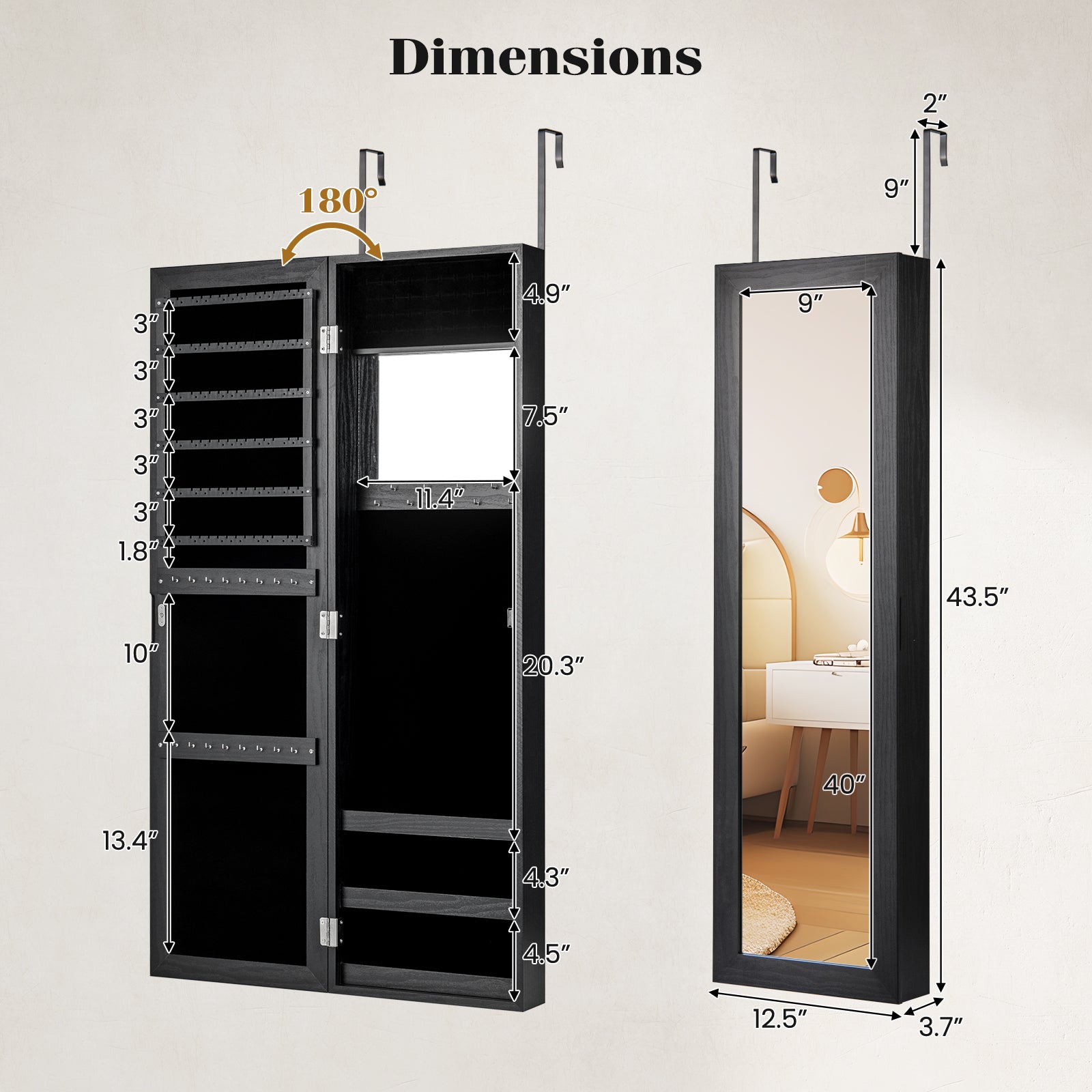 Full Length Mirror Jewelry Cabinet with Ring Slots and Necklace Hooks, Black Jewelry Armoires at Gallery Canada