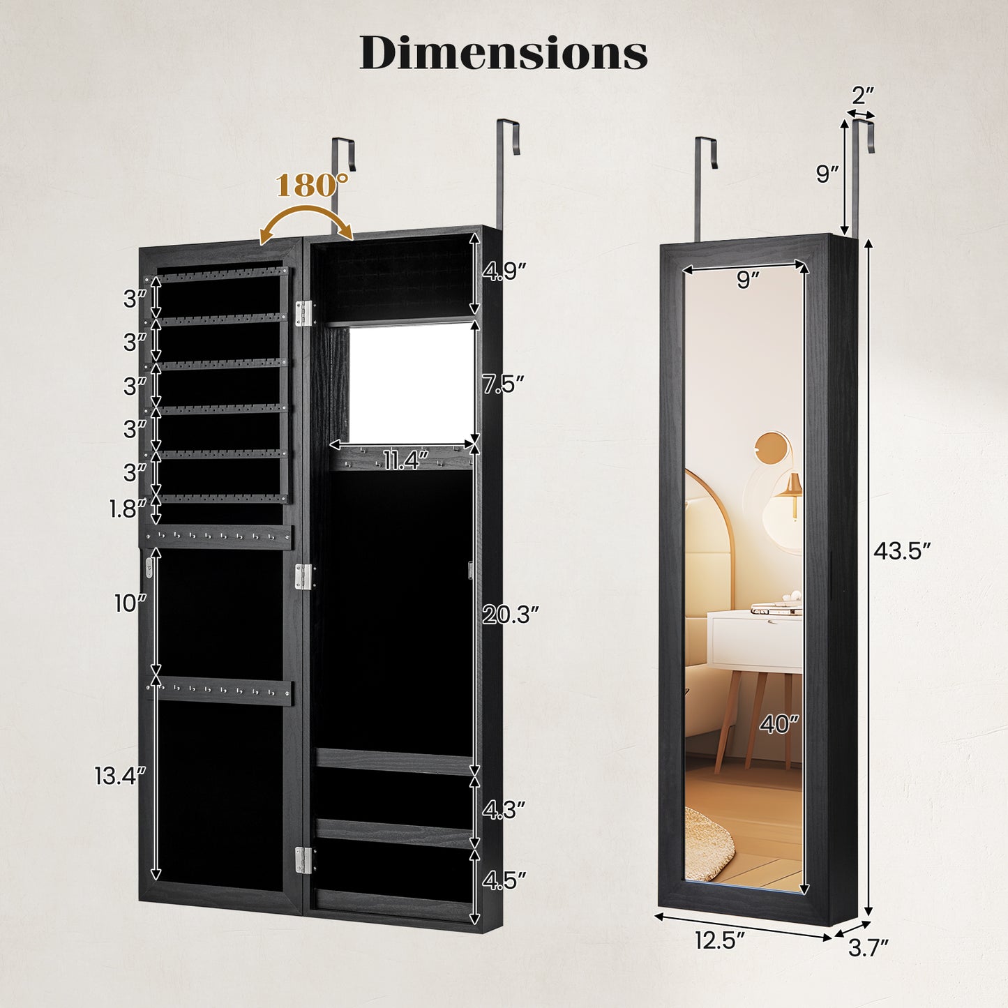 Full Length Mirror Jewelry Cabinet with Ring Slots and Necklace Hooks, Black Jewelry Armoires at Gallery Canada