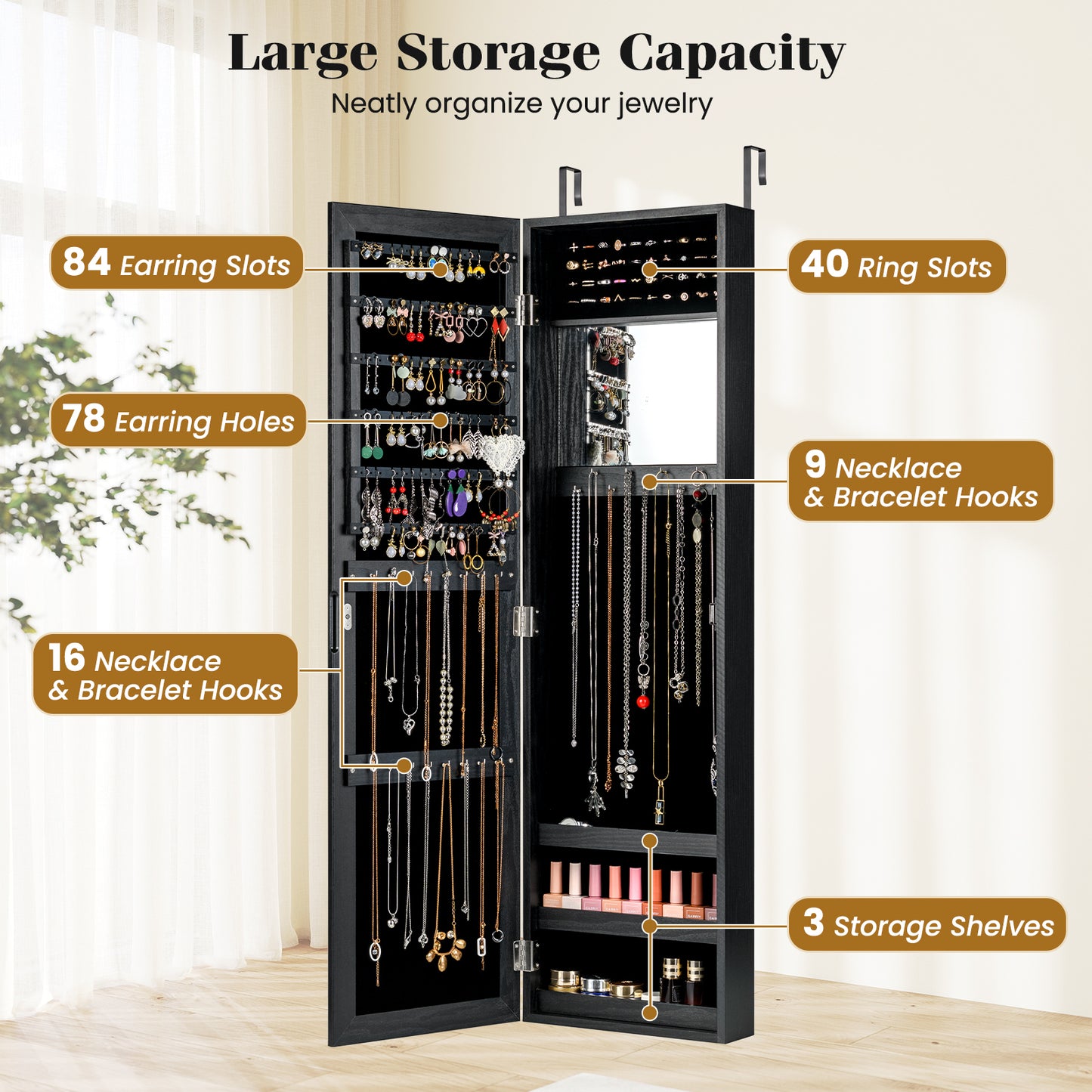 Full Length Mirror Jewelry Cabinet with Ring Slots and Necklace Hooks, Black Jewelry Armoires at Gallery Canada