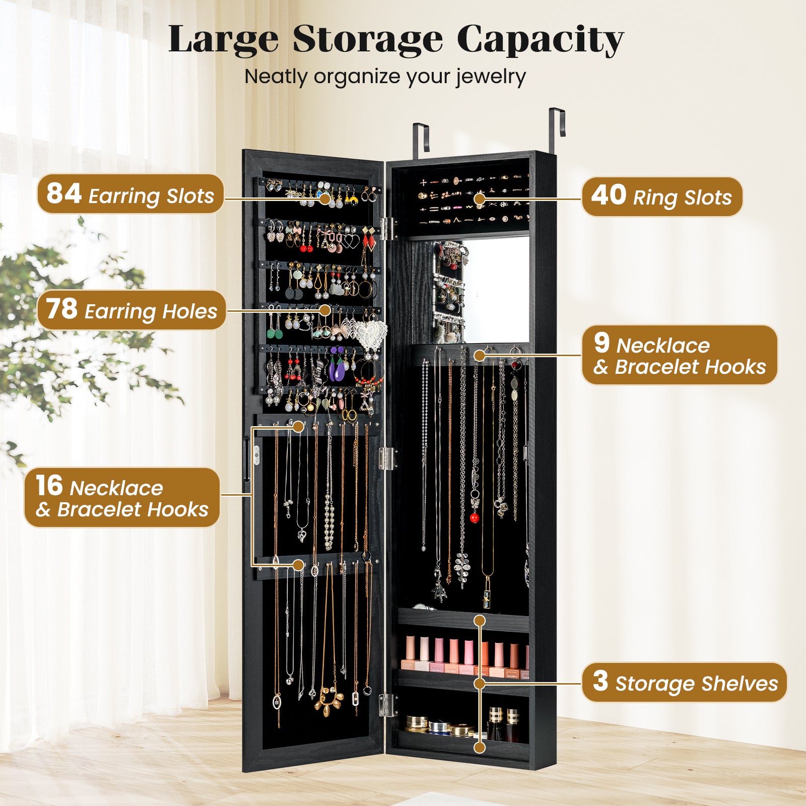 Full Length Mirror Jewelry Cabinet with Ring Slots and Necklace Hooks, Black Jewelry Armoires at Gallery Canada