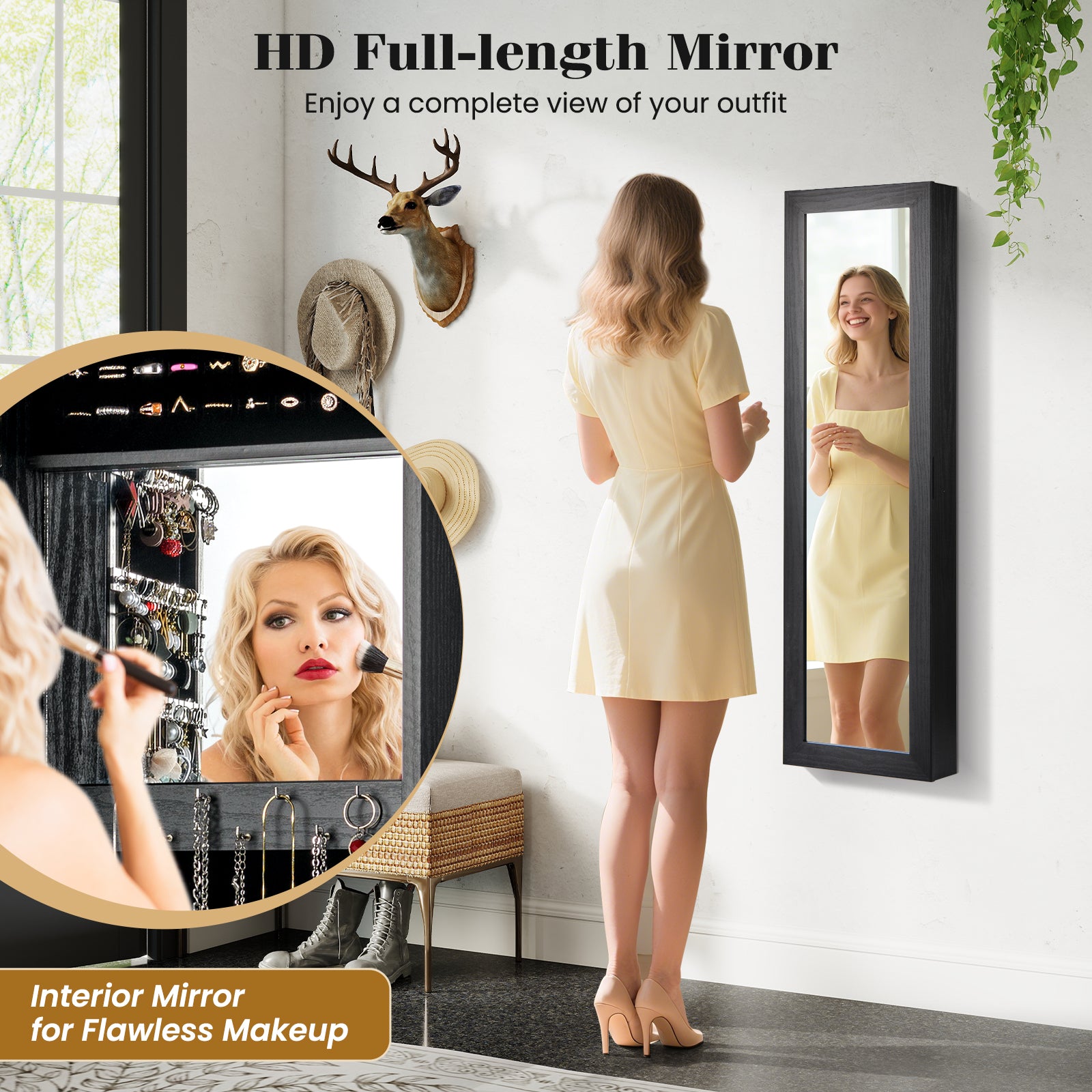 Full Length Mirror Jewelry Cabinet with Ring Slots and Necklace Hooks, Black Jewelry Armoires at Gallery Canada