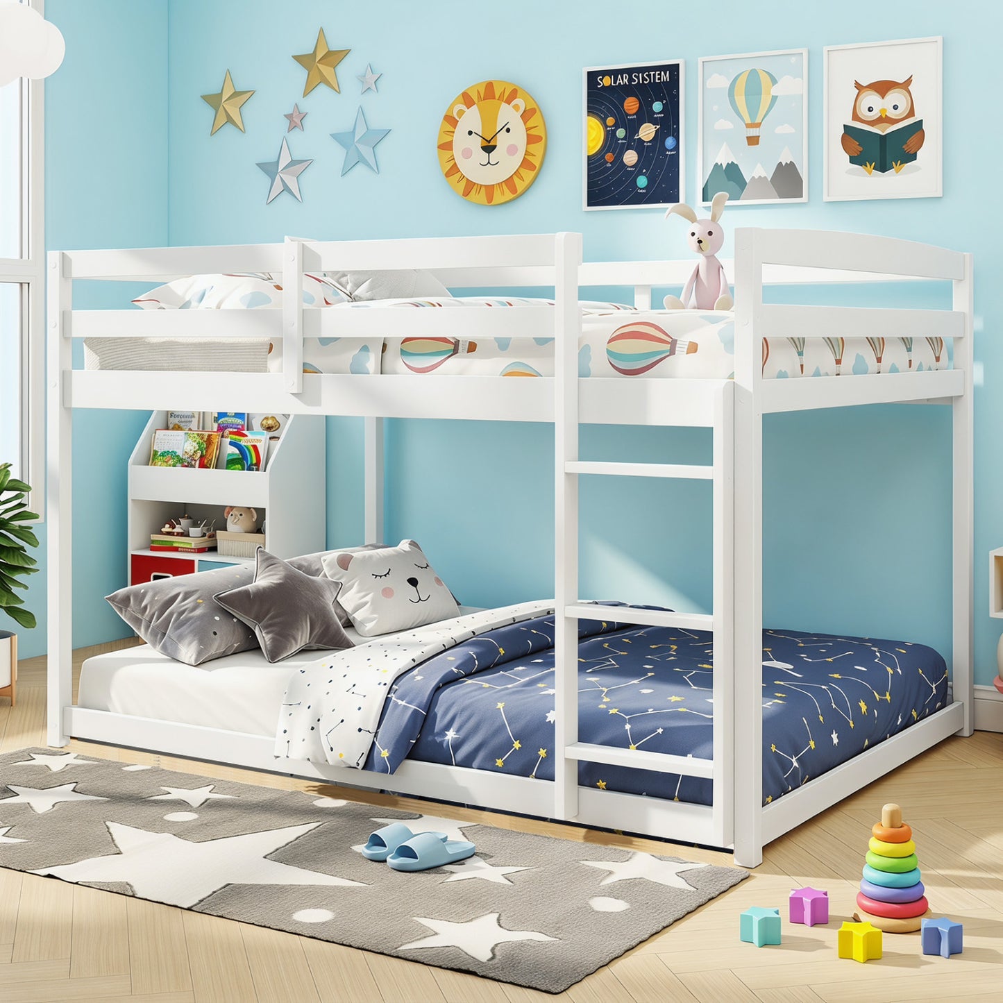 Full Over Full Bunk Bed, Solid Wood with Ladder & Guardrails, White