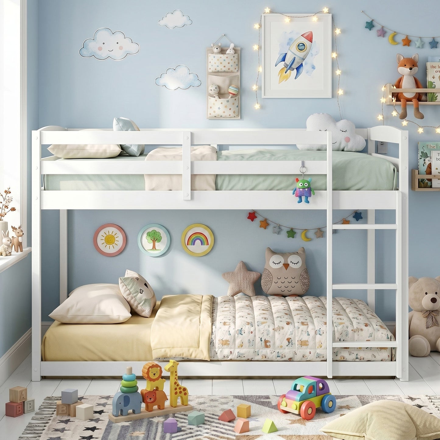 Full Over Full Bunk Bed, Solid Wood with Ladder & Guardrails, White