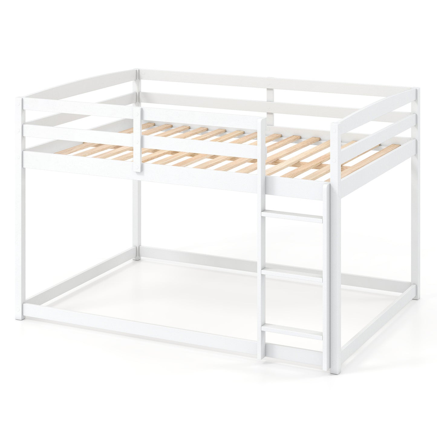 Full Over Full Bunk Bed, Solid Wood with Ladder & Guardrails, White