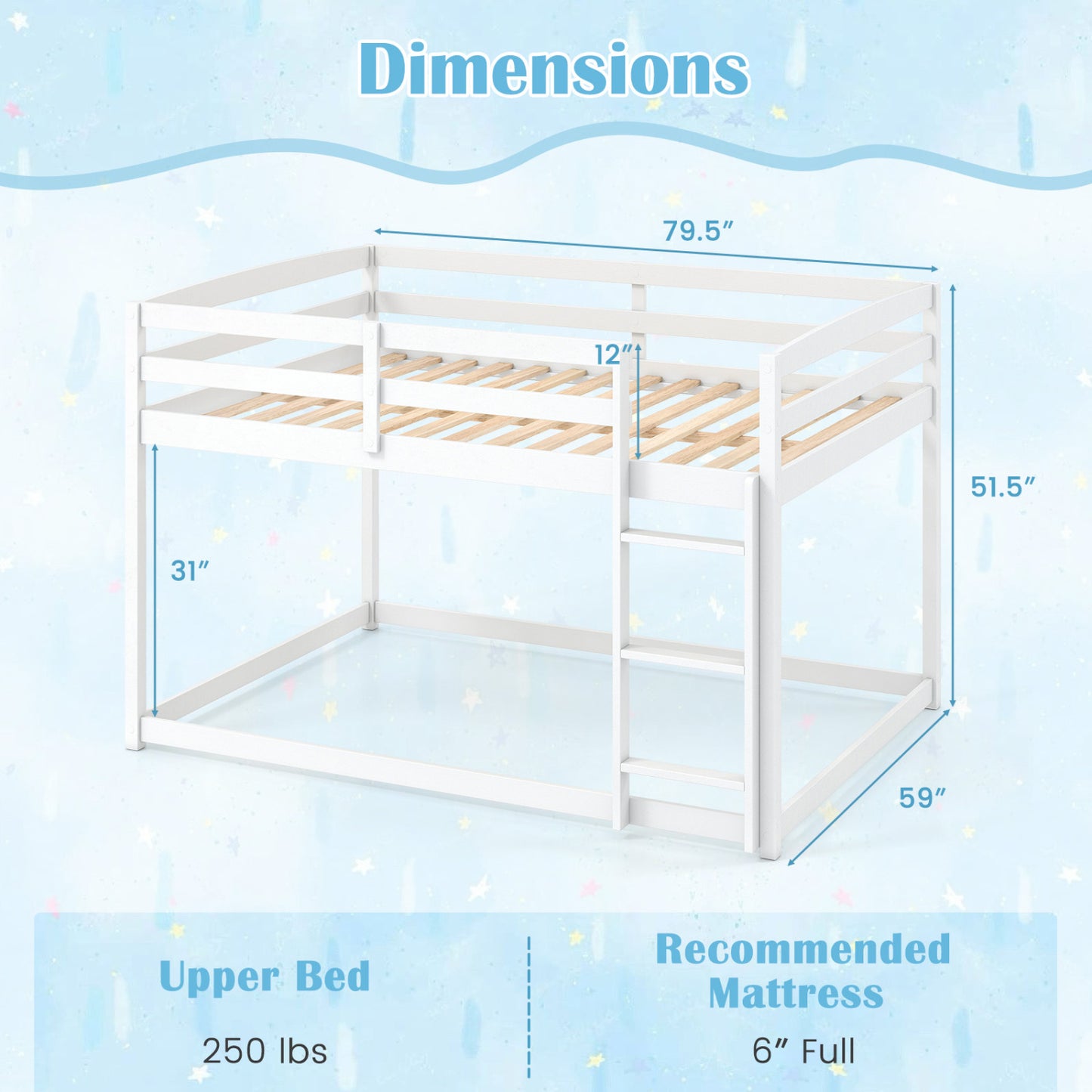 Full Over Full Bunk Bed, Solid Wood with Ladder & Guardrails, White