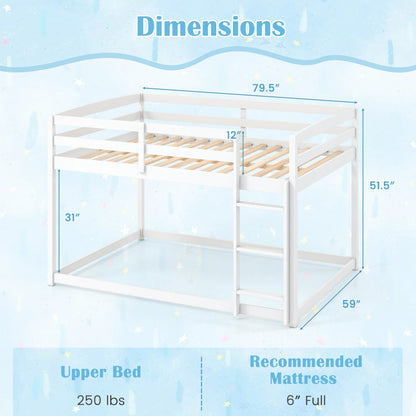 Full Over Full Bunk Bed, Solid Wood with Ladder & Guardrails, White