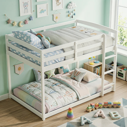 Full Over Full Bunk Bed, Solid Wood with Ladder & Guardrails, White