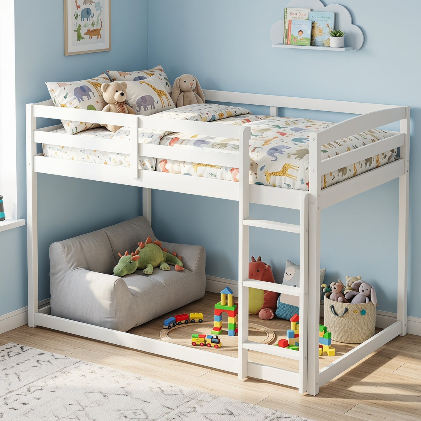 Full Over Full Bunk Bed, Solid Wood with Ladder & Guardrails, White
