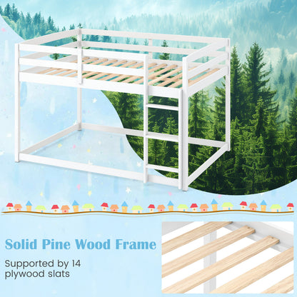 Full Over Full Bunk Bed, Solid Wood with Ladder & Guardrails, White
