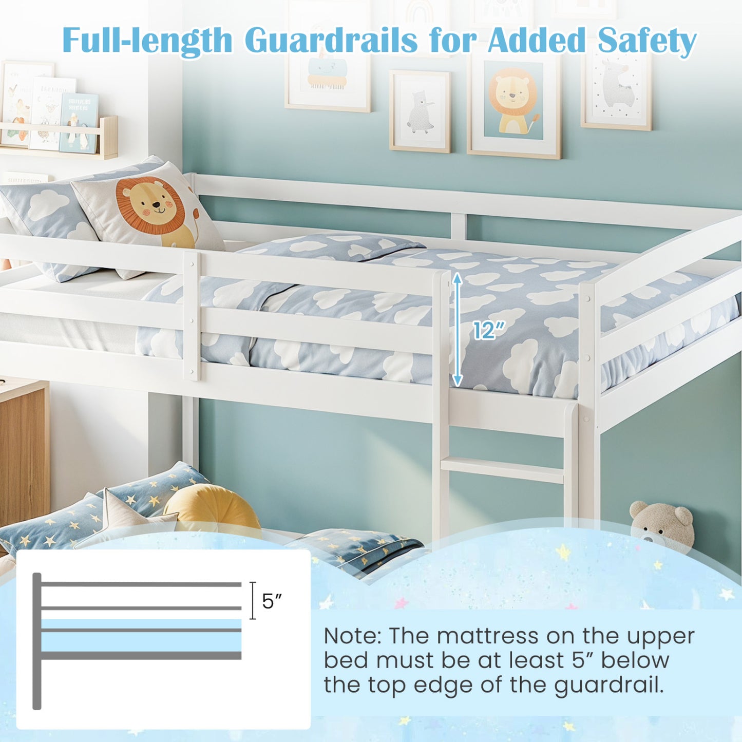 Full Over Full Bunk Bed, Solid Wood with Ladder & Guardrails, White