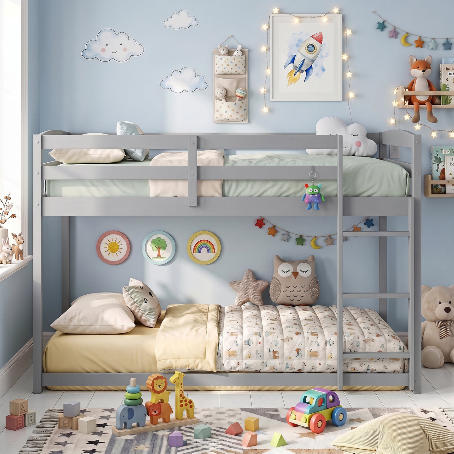 Full Over Full Bunk Bed, Ladder, Guardrails, Gray