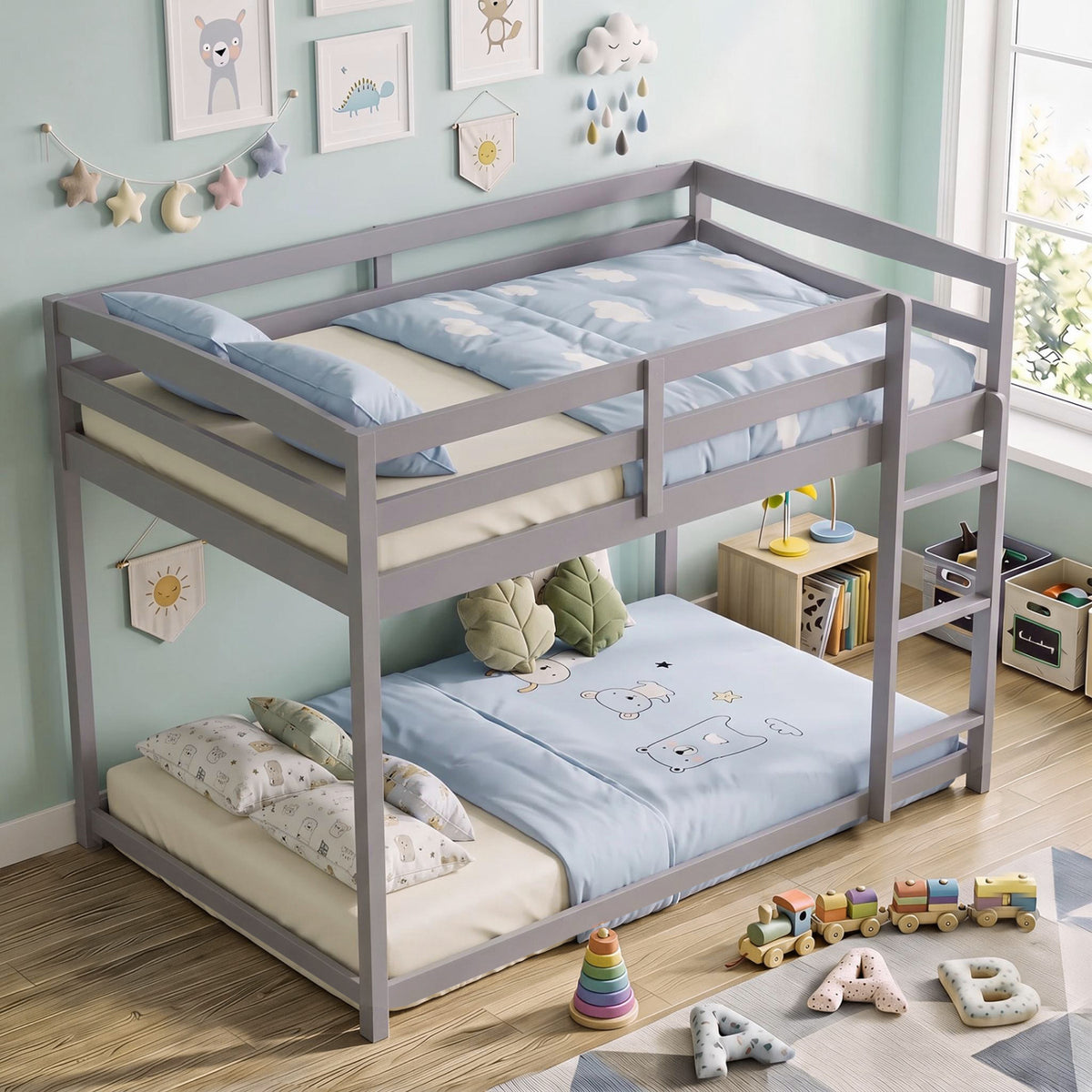 Full Over Full Bunk Bed, Ladder, Guardrails, Gray