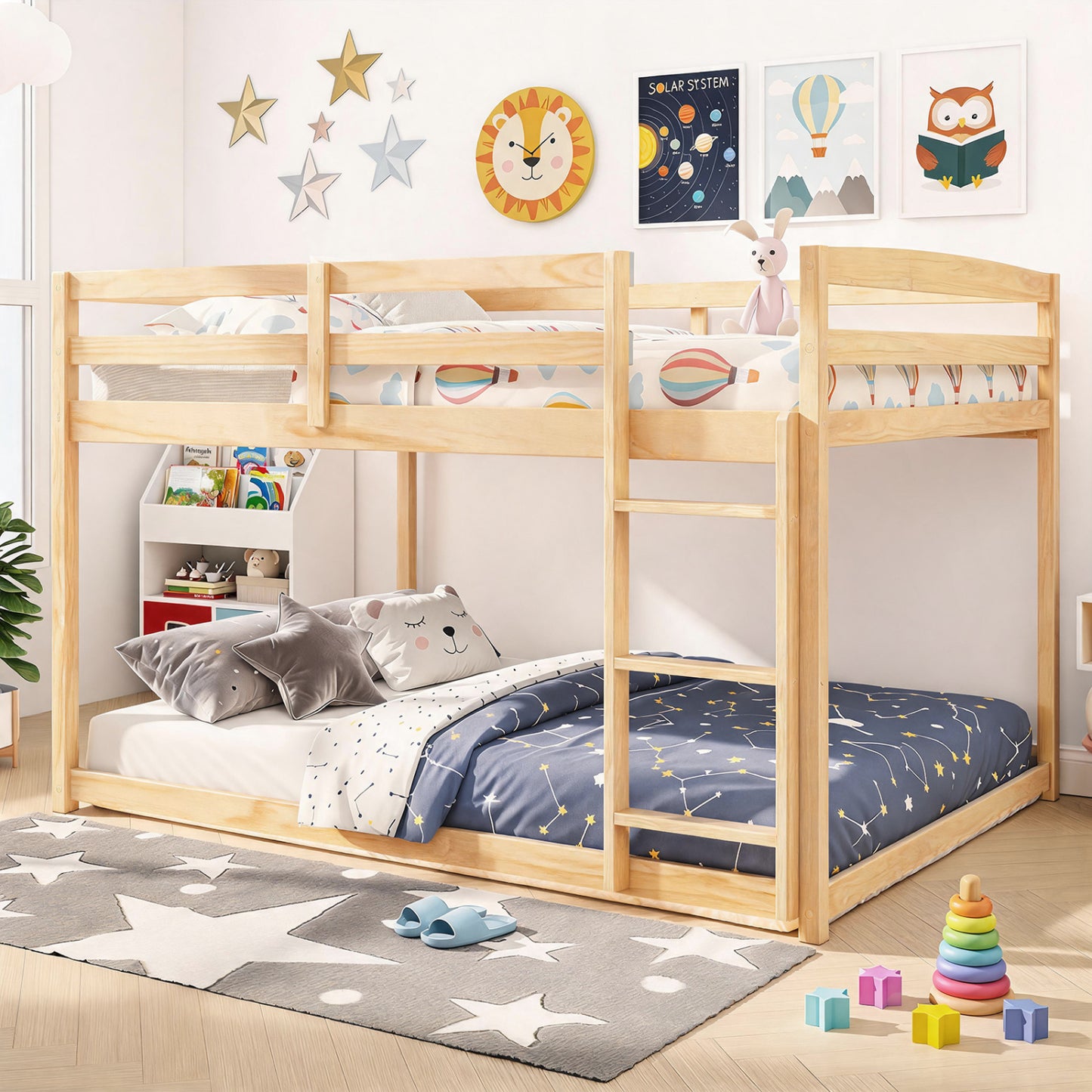 Full Over Full Wood Bunk Bed with Ladder, Guardrails, Natural