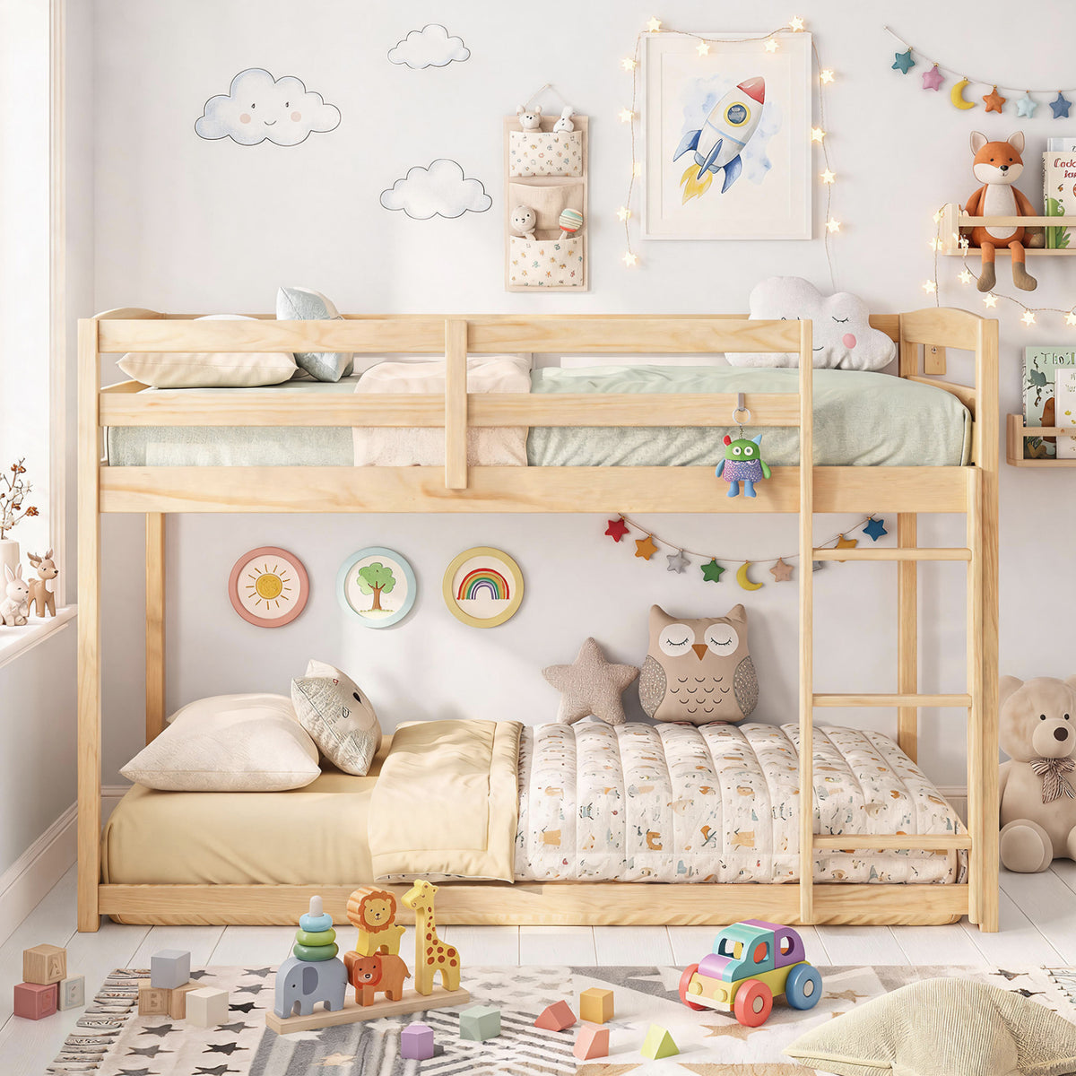 Full Over Full Wood Bunk Bed with Ladder, Guardrails, Natural