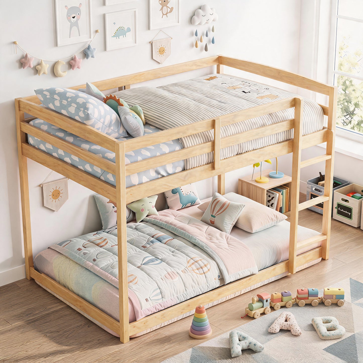 Full Over Full Wood Bunk Bed with Ladder, Guardrails, Natural