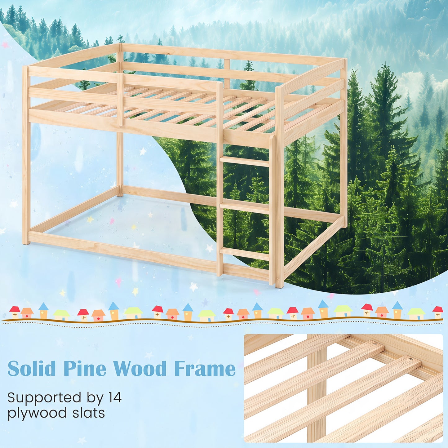 Full Over Full Wood Bunk Bed with Ladder, Guardrails, Natural