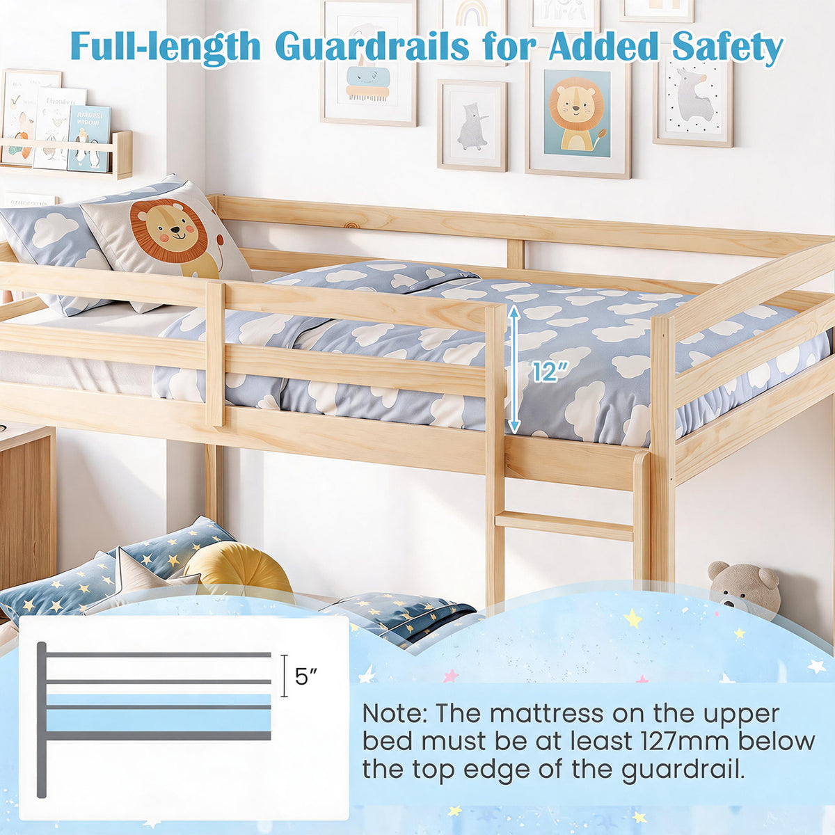Full Over Full Wood Bunk Bed with Ladder, Guardrails, Natural