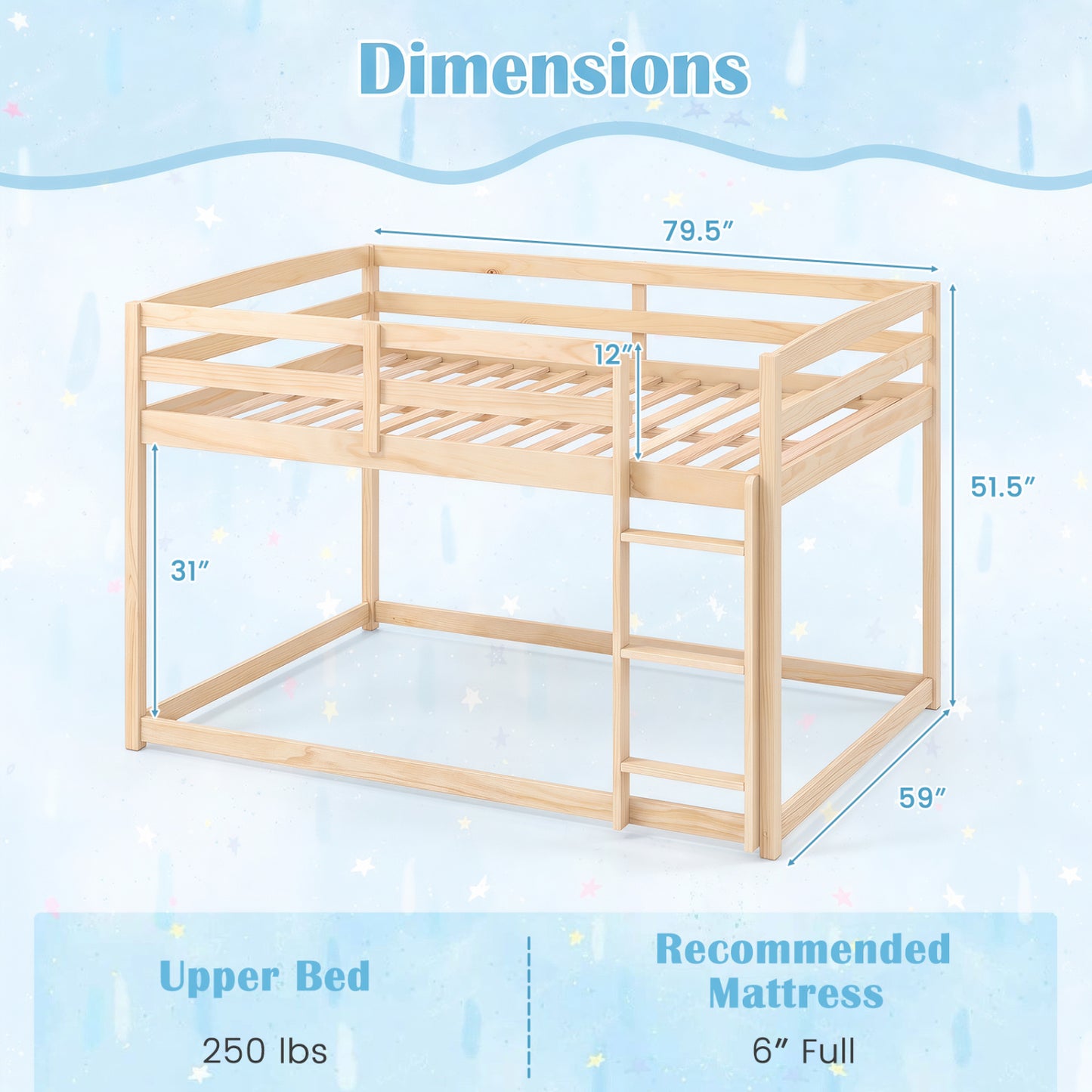 Full Over Full Wood Bunk Bed with Ladder, Guardrails, Natural