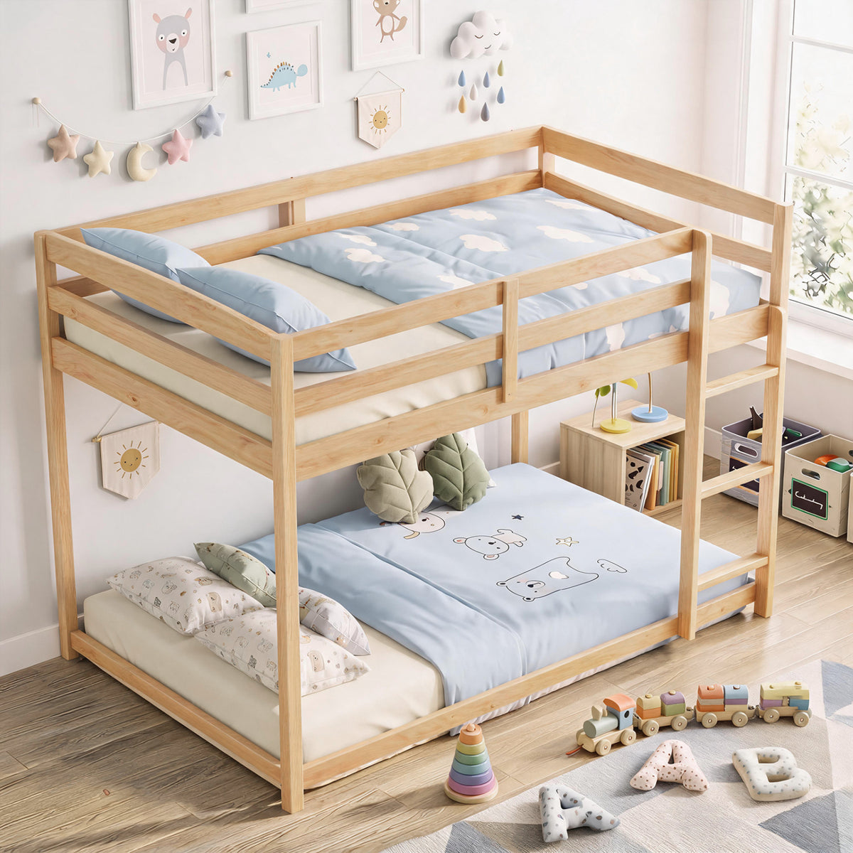 Full Over Full Wood Bunk Bed with Ladder, Guardrails, Natural