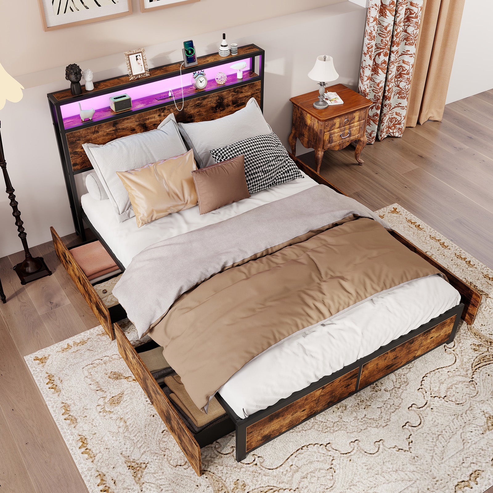 Full/Queen Size LED Bed Frame with Charging Station and 4 Storage Drawers-Full Simple Bed Frame at Gallery Canada