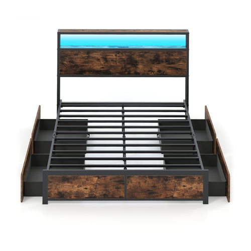 Full Queen Size LED Bed Frame, Charging Station, 4 Storage Drawers