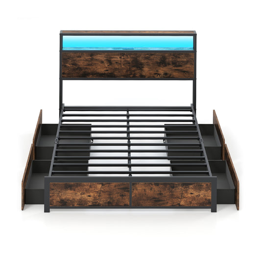 Full Queen Size LED Bed Frame, Charging Station, 4 Storage Drawers Simple Bed Frame Options at Gallery Canada