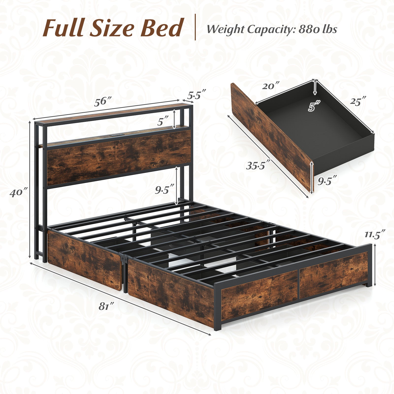 Full/Queen Size LED Bed Frame with Charging Station and 4 Storage Drawers-Full Simple Bed Frame at Gallery Canada