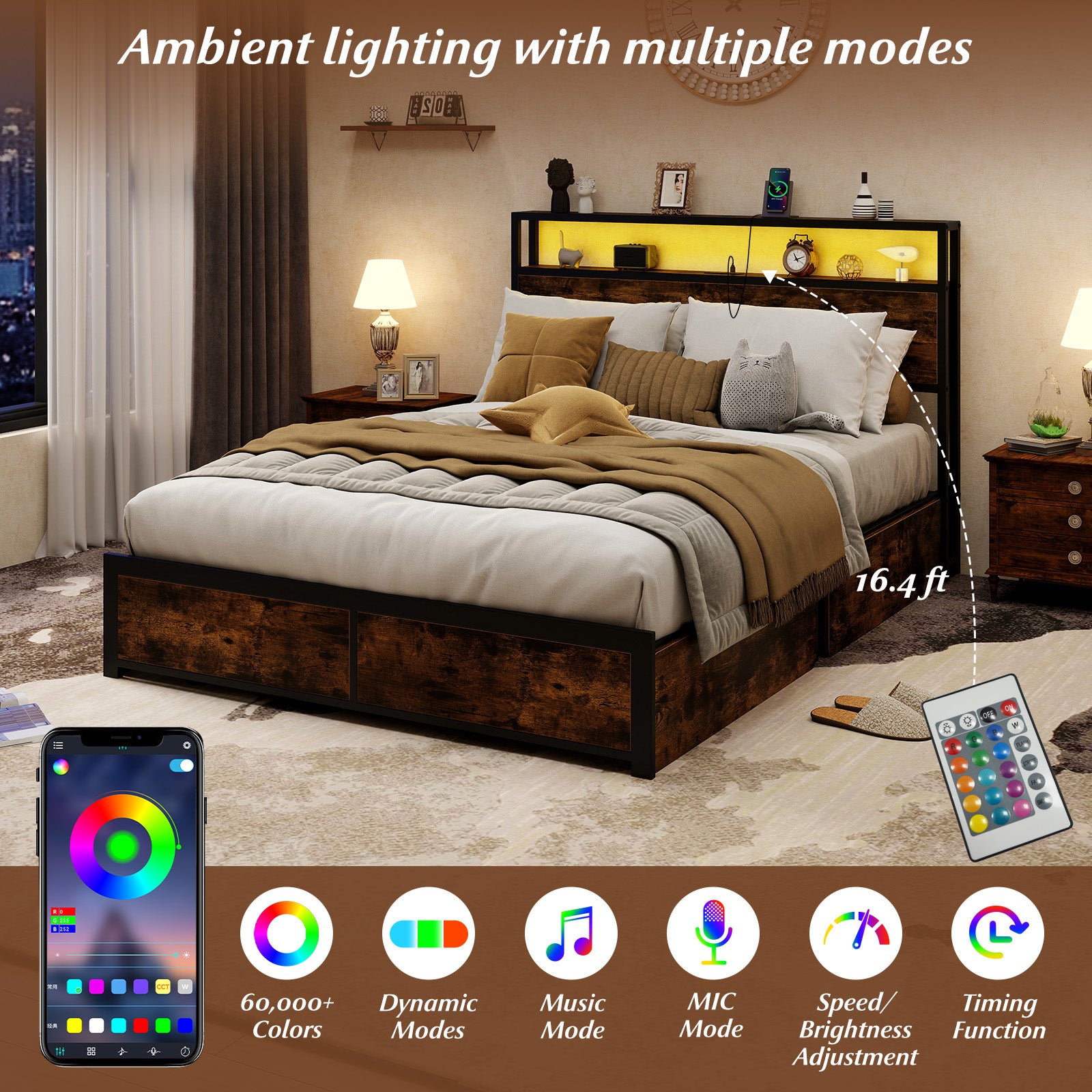 Full/Queen Size LED Bed Frame with Charging Station and 4 Storage Drawers-Full Simple Bed Frame at Gallery Canada