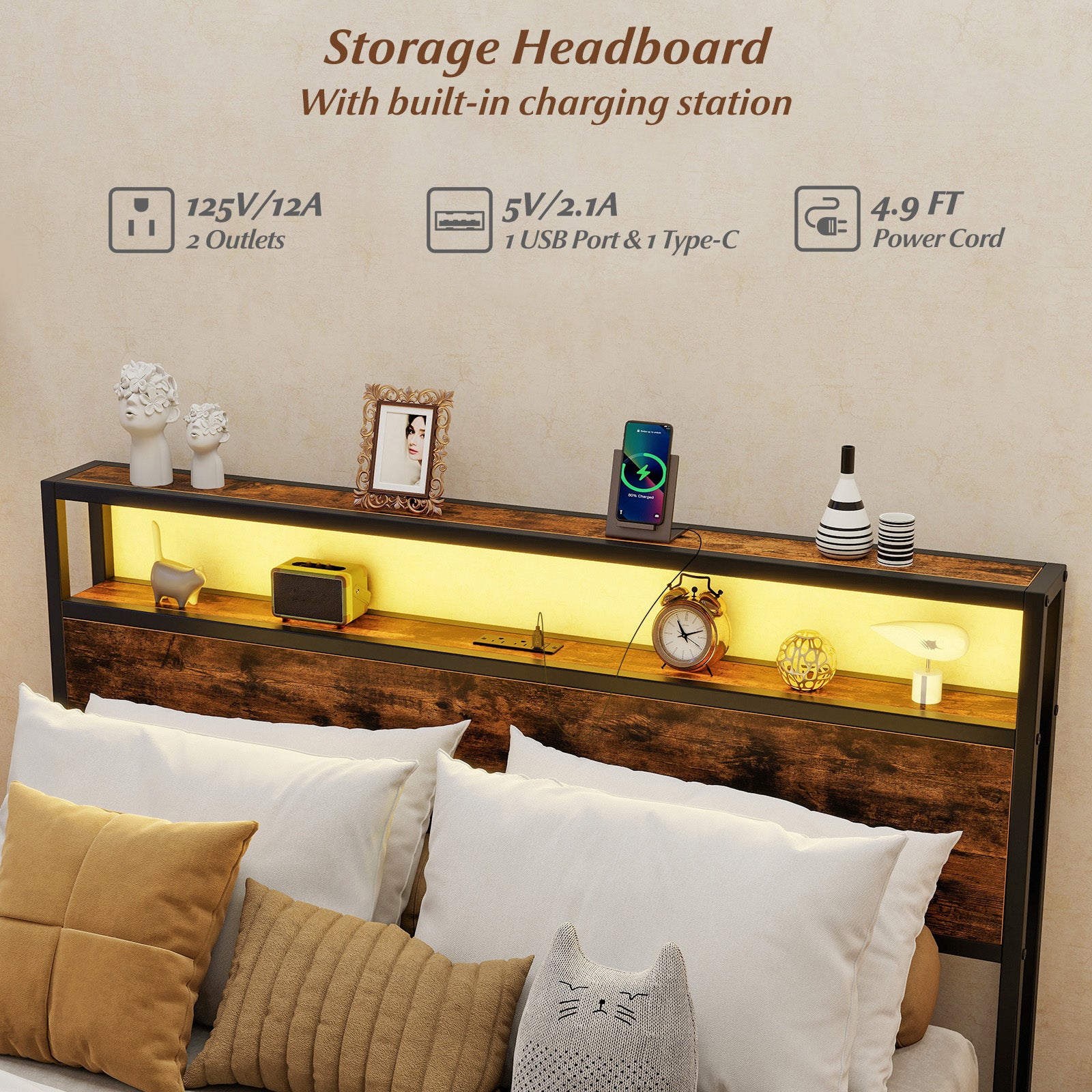 Full/Queen Size LED Bed Frame with Charging Station and 4 Storage Drawers-Full Simple Bed Frame at Gallery Canada