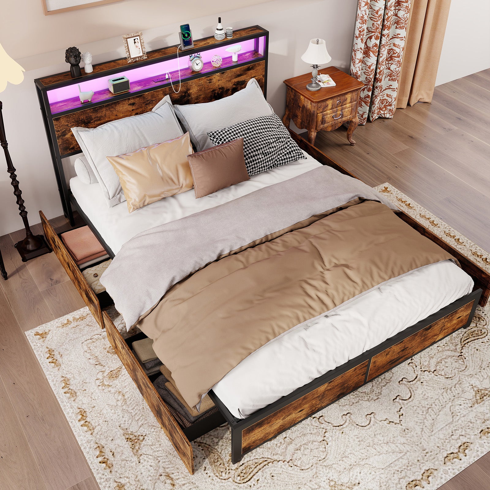 Full/Queen Size LED Bed Frame with Charging Station and 4 Storage Drawers-Queen Simple Bed Frame at Gallery Canada