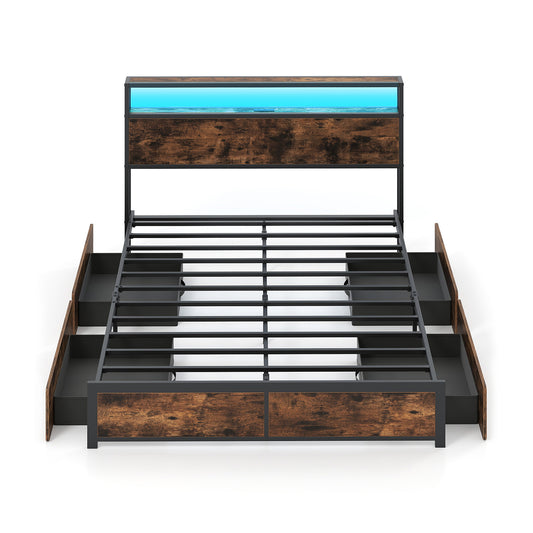 Full/Queen Size LED Bed Frame with Charging Station and 4 Storage Drawers-Queen