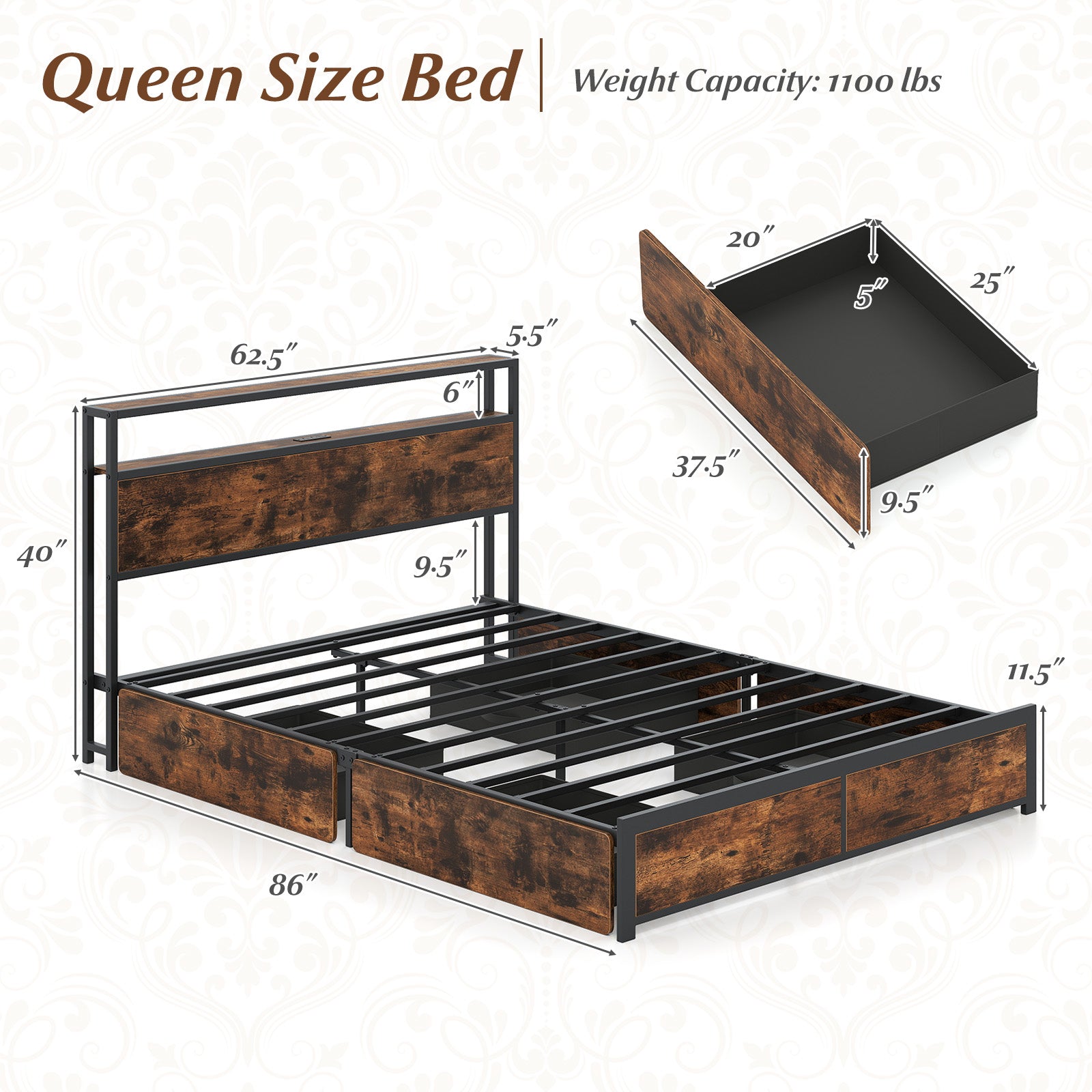 Full/Queen Size LED Bed Frame with Charging Station and 4 Storage Drawers-Queen Simple Bed Frame at Gallery Canada