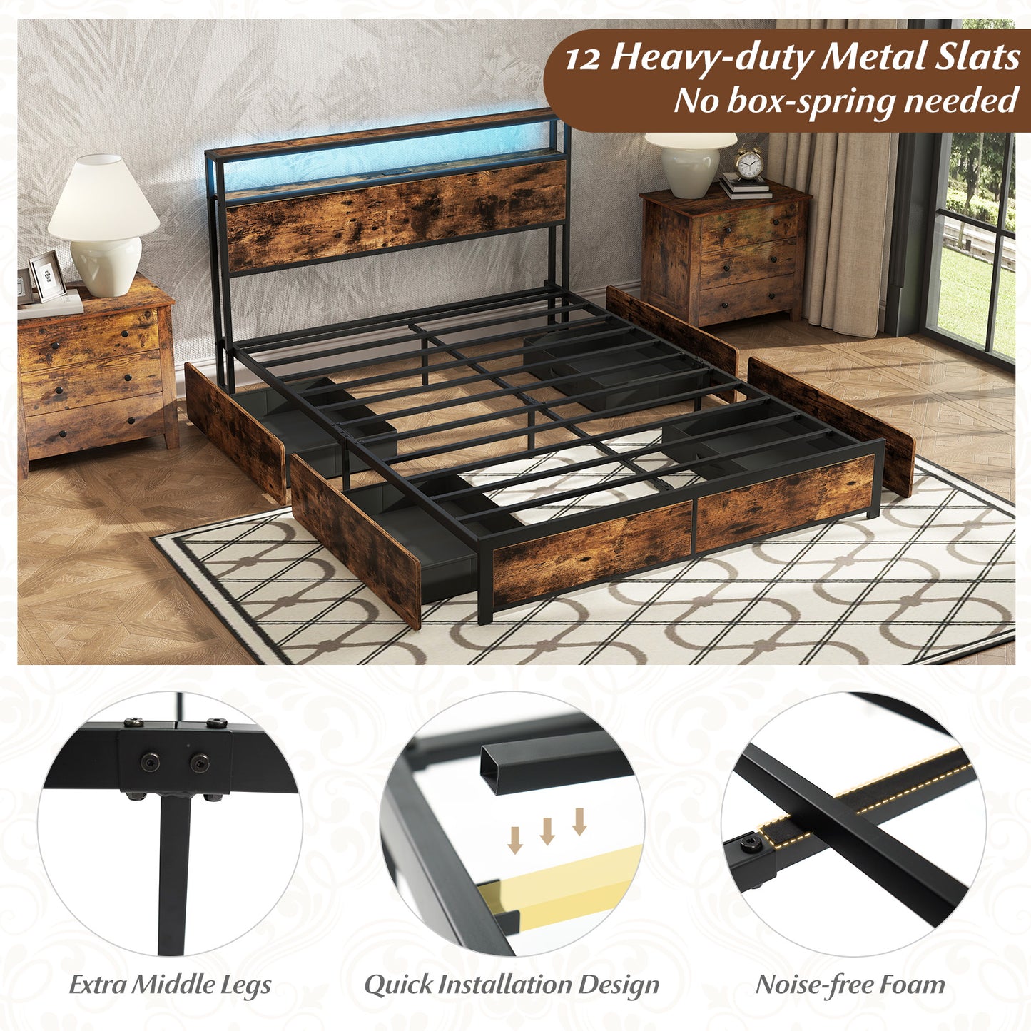 Full/Queen Size LED Bed Frame with Charging Station and 4 Storage Drawers-Queen Simple Bed Frame at Gallery Canada