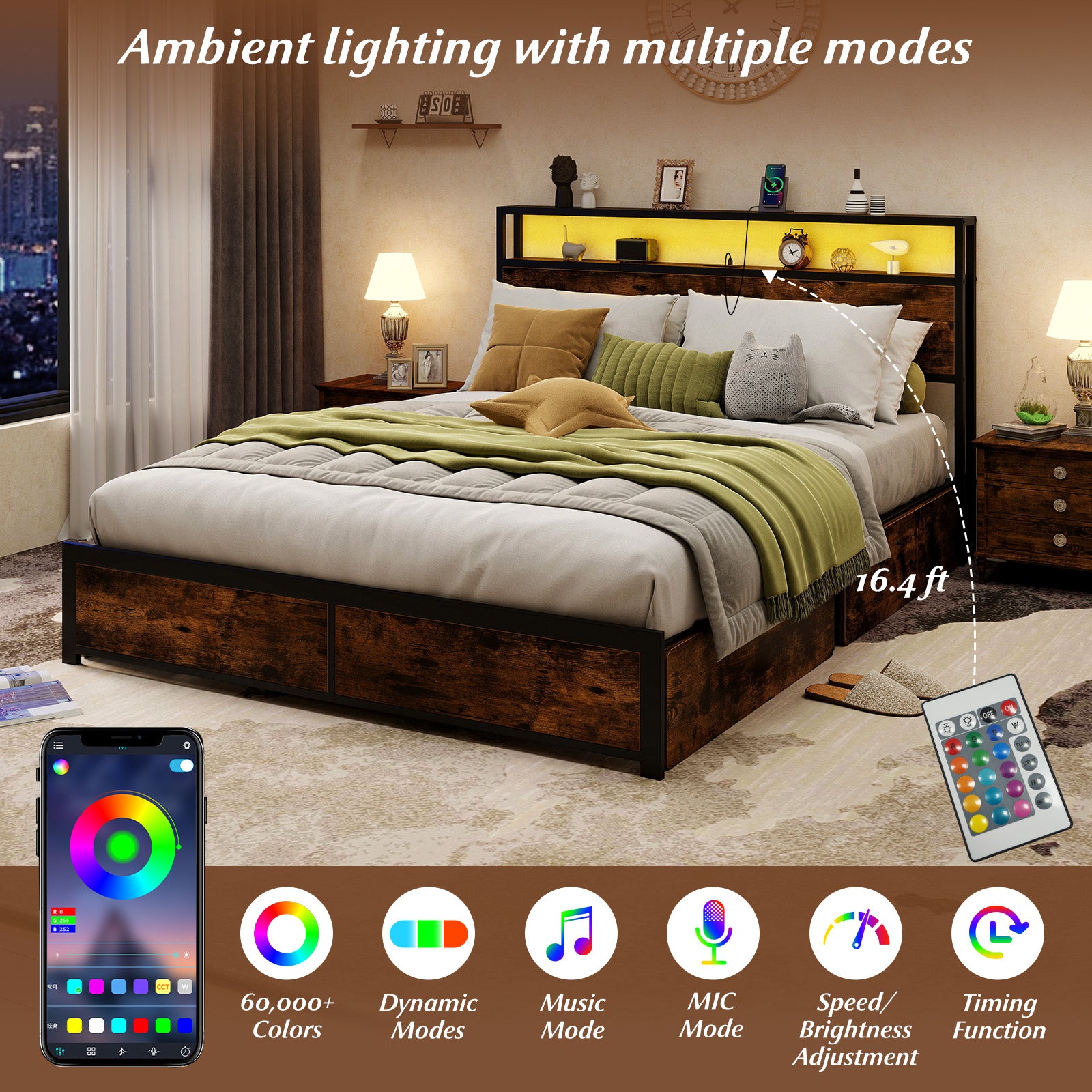 Full/Queen Size LED Bed Frame with Charging Station and 4 Storage Drawers-Queen Simple Bed Frame at Gallery Canada