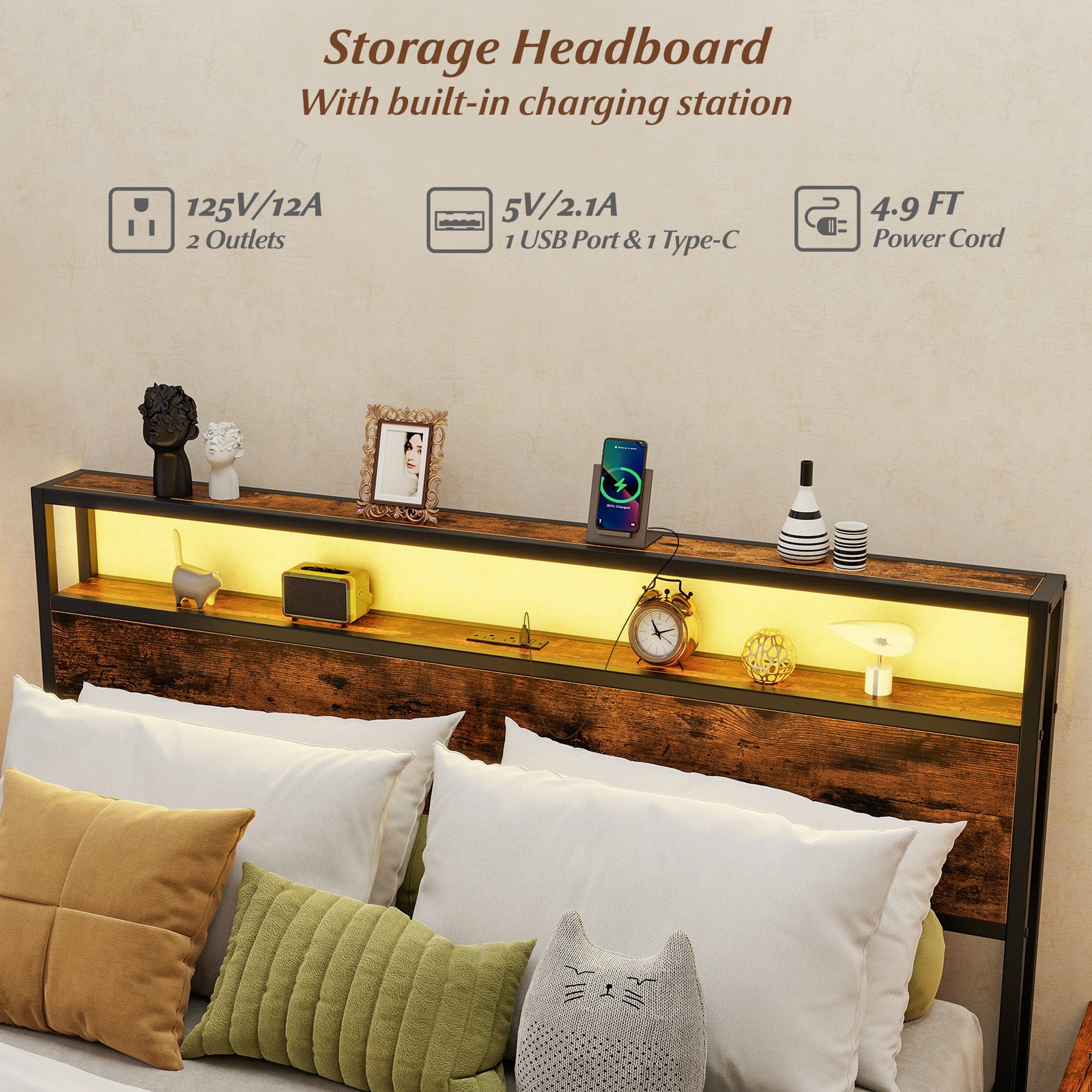 Full/Queen Size LED Bed Frame with Charging Station and 4 Storage Drawers-Queen Simple Bed Frame at Gallery Canada