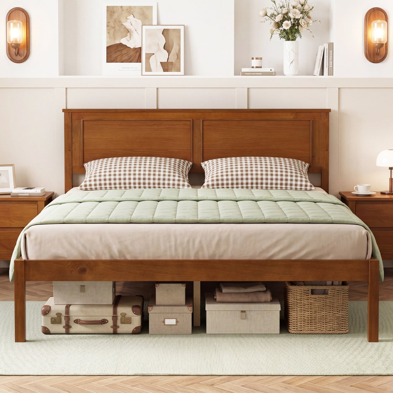 Full Size Farmhouse Wooden Platform Bed with Headboard Simple Bed Frame at Gallery Canada