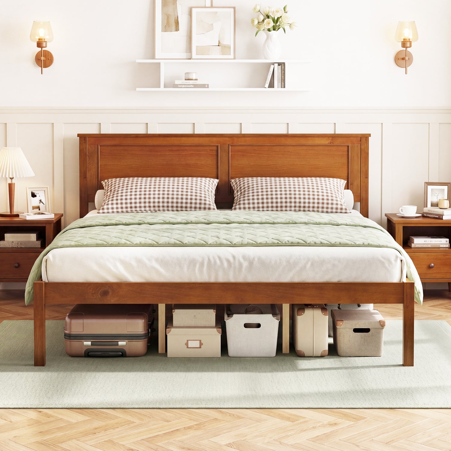 Farmhouse Wooden Platform Bed, Queen Size with Headboard Simple Bed Frame at Gallery Canada
