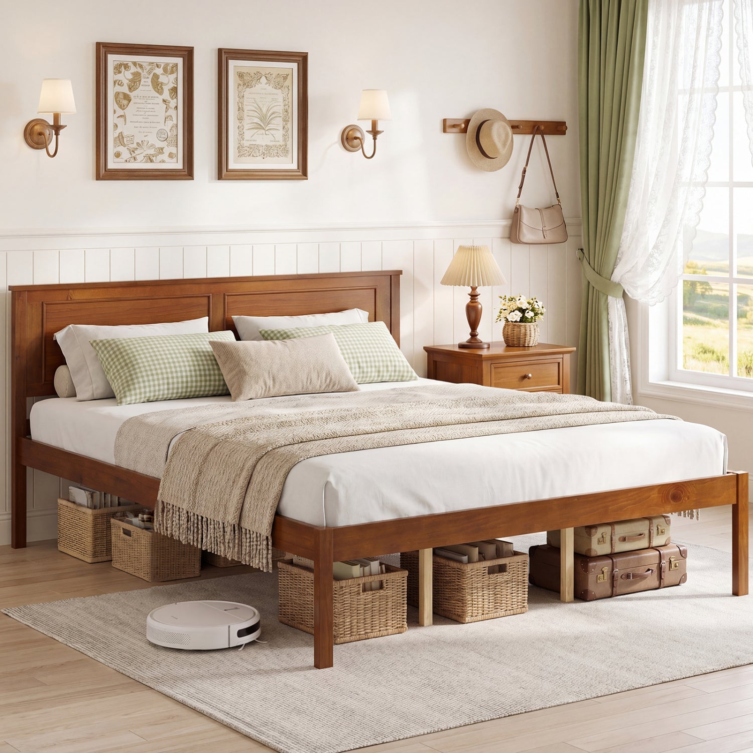 Farmhouse Wooden Platform Bed, Queen Size with Headboard Simple Bed Frame at Gallery Canada