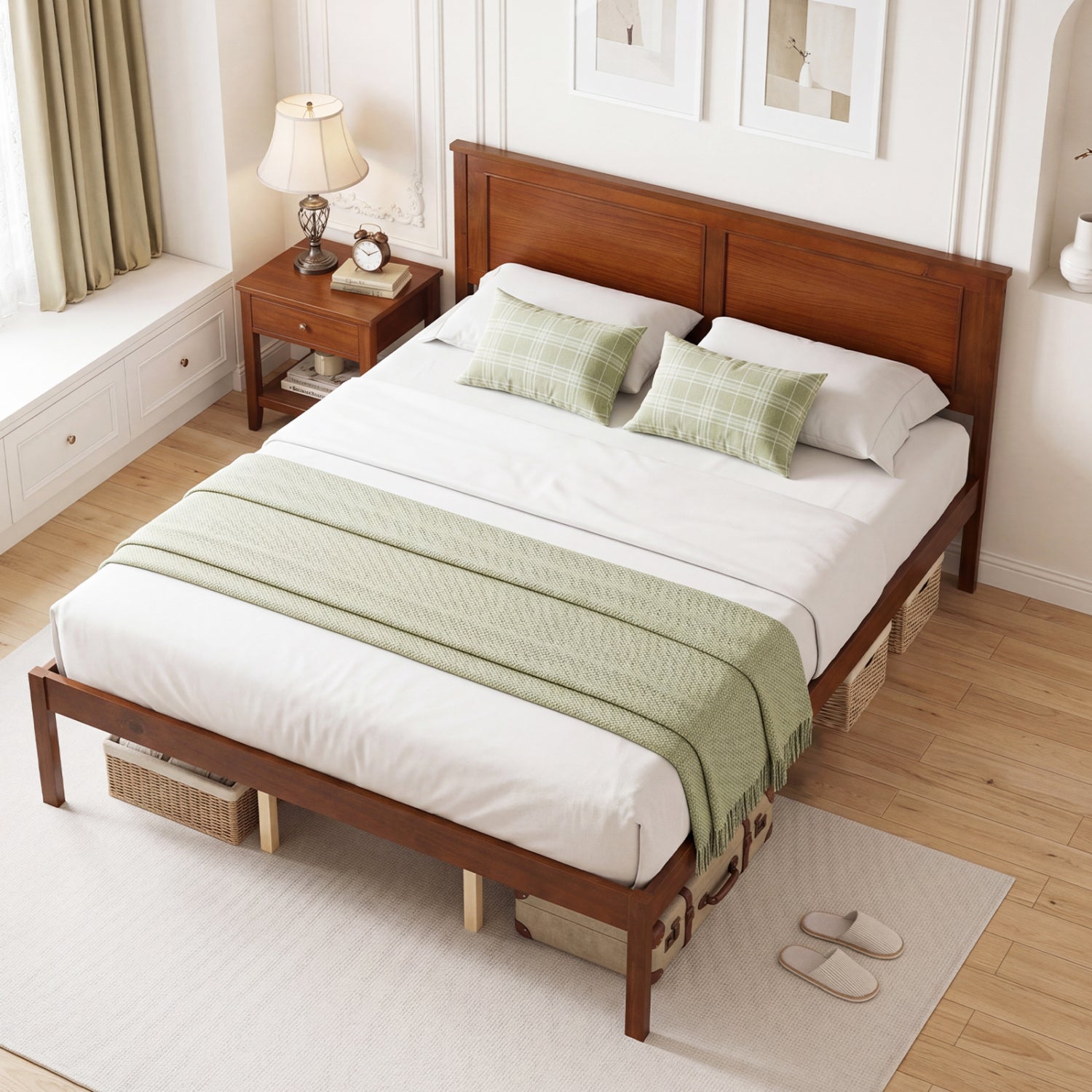 Farmhouse Wooden Platform Bed, Queen Size with Headboard Simple Bed Frame at Gallery Canada