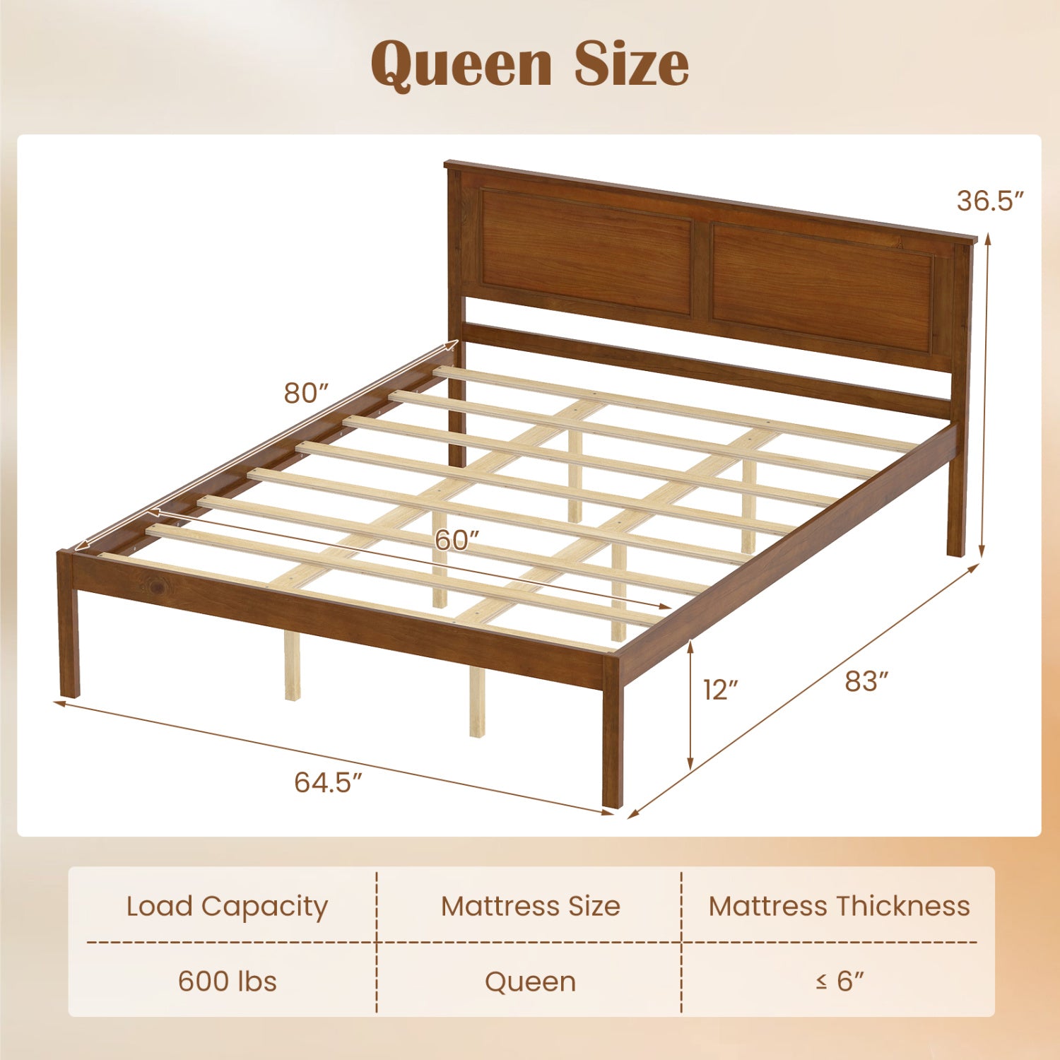 Farmhouse Wooden Platform Bed, Queen Size with Headboard Simple Bed Frame at Gallery Canada